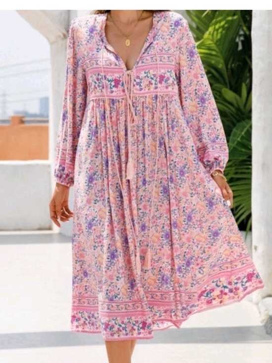 R Vivimos Dresses & Skirts - R Vivimos Pink Floral Boho Long-Sleeve Midi Dress with Tie Front